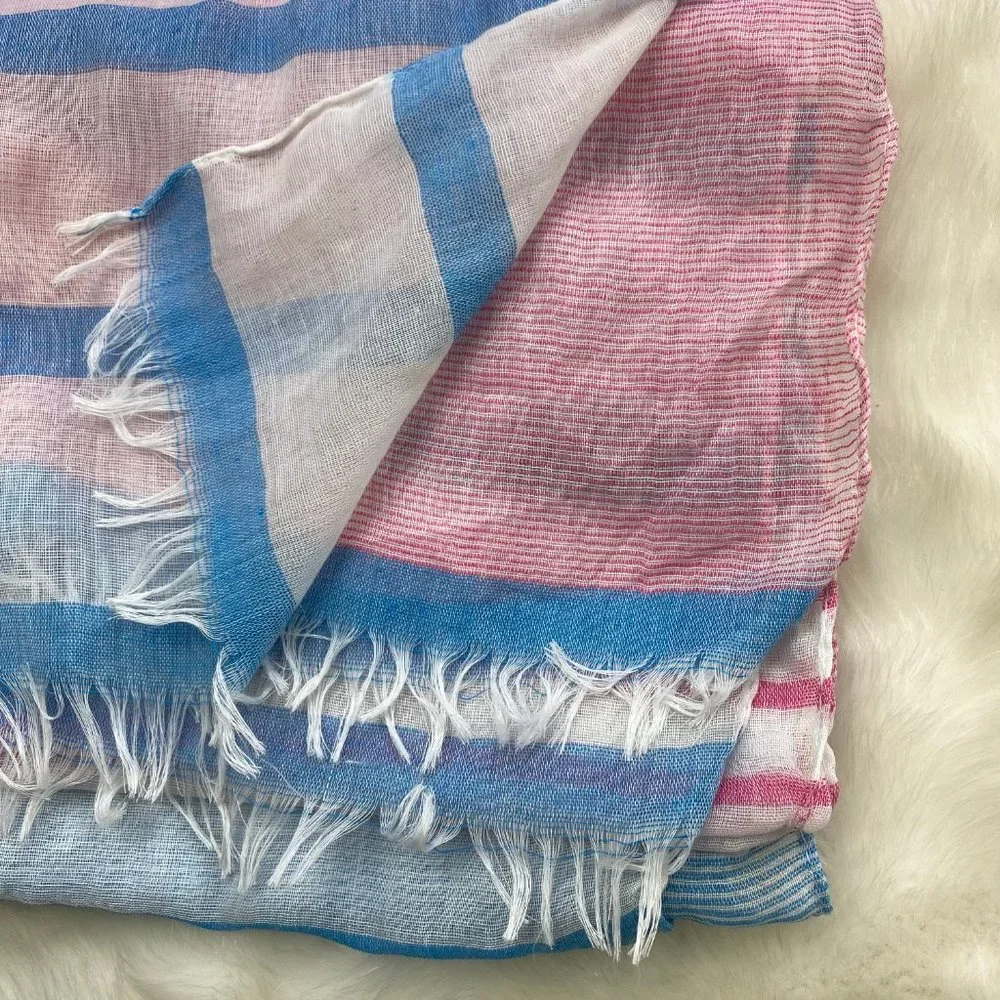 White, Pink & Blue Striped Fringe Scarf 100% Polyester 70